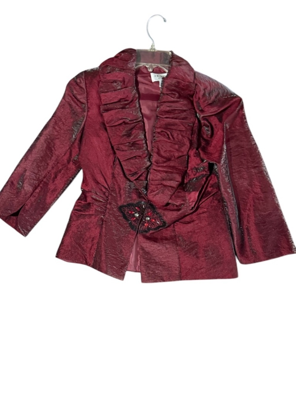 J.R. Nites by Caliendo Women’s Jacket Size 8 Burgundy Ruffle Trim Beaded Evening